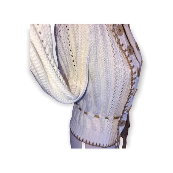 Jessica by Christopher L Open Front Cardigan Knit Sweater Cream and Tan Button - Picture 5 of 8